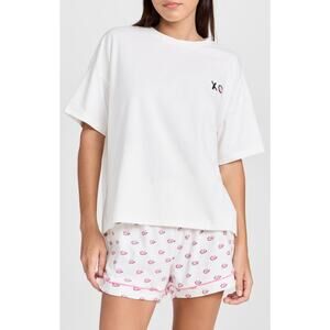 Kerri Rosenthal Veronica Pajama Set Shorts Tee Shirt Top Le Kiss White Pink M